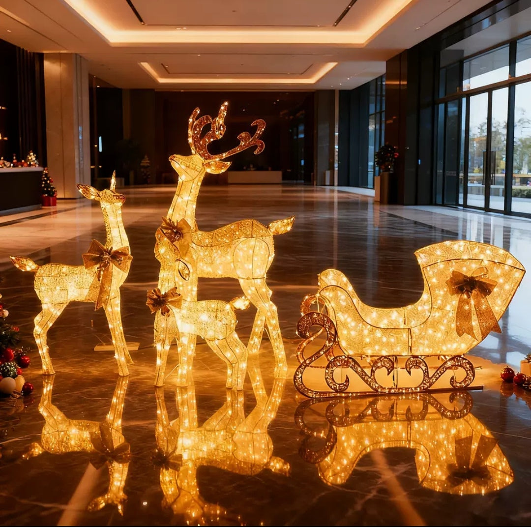 Golden Light-up Reindeer Family & Sleigh Christmas Decor